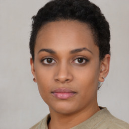 Neutral black young-adult female with short  black hair and brown eyes