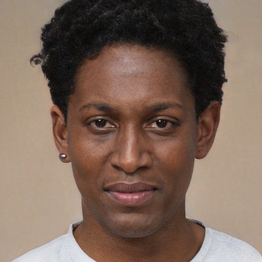 Neutral black young-adult female with short  black hair and brown eyes