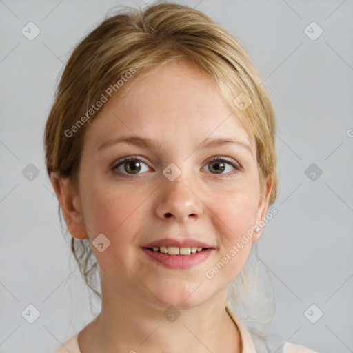 Joyful white child female with medium  brown hair and blue eyes