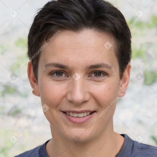 Joyful white young-adult female with short  brown hair and brown eyes