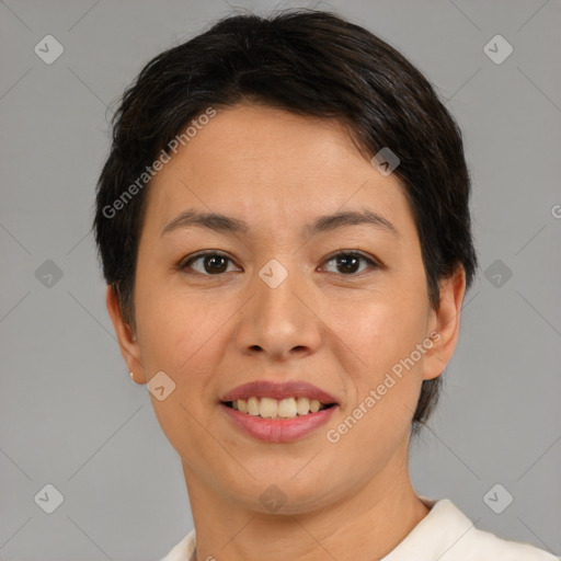 Joyful white young-adult female with short  brown hair and brown eyes