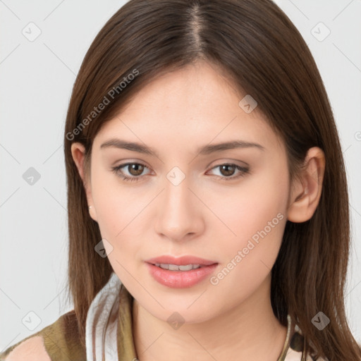 Neutral white young-adult female with long  brown hair and brown eyes