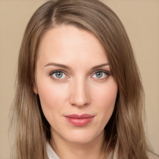 Neutral white young-adult female with long  brown hair and grey eyes