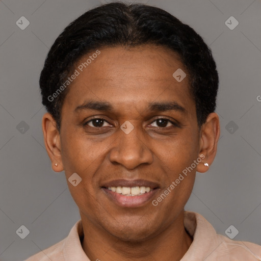 Joyful latino adult male with short  brown hair and brown eyes