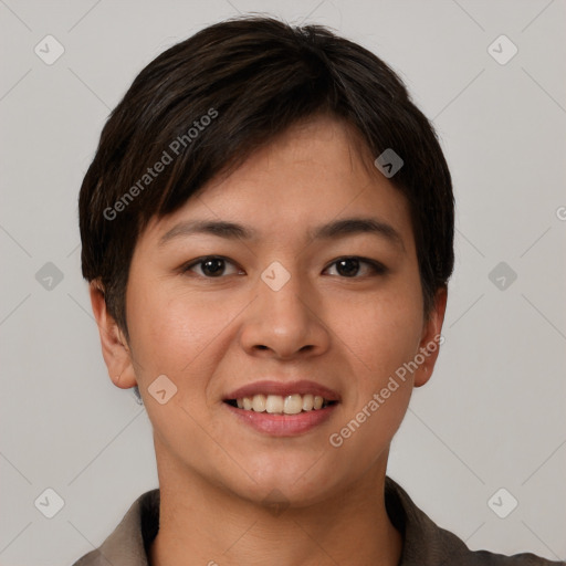 Joyful asian young-adult female with short  brown hair and brown eyes