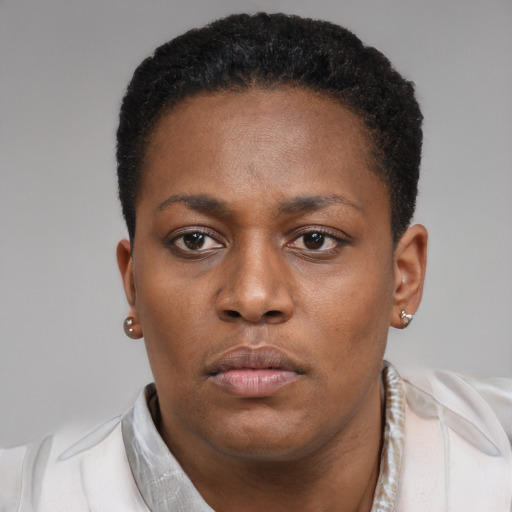 Neutral black young-adult female with short  black hair and brown eyes