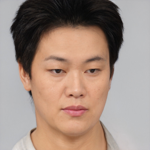 Neutral asian young-adult male with short  brown hair and brown eyes