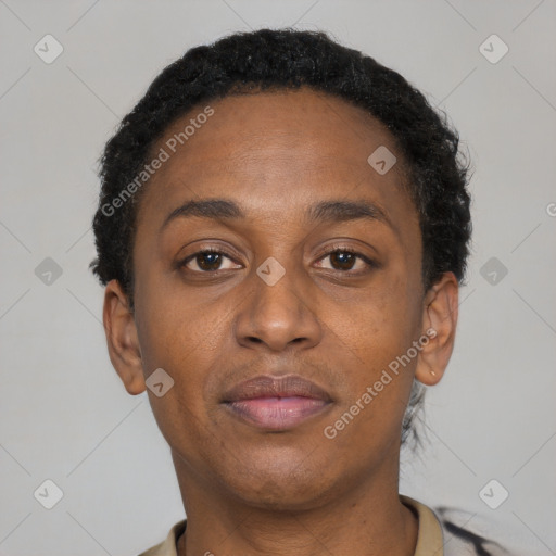 Neutral black adult female with short  brown hair and brown eyes
