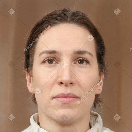 Neutral white young-adult female with short  brown hair and brown eyes