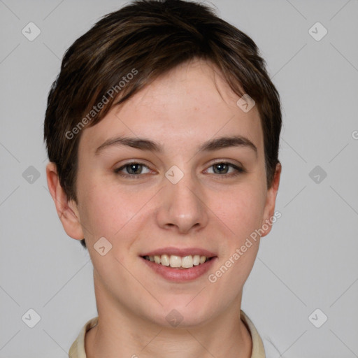 Joyful white young-adult female with short  brown hair and grey eyes