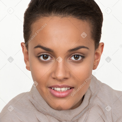 Joyful white young-adult female with short  brown hair and brown eyes