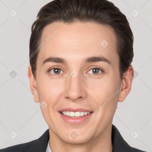 Joyful white young-adult male with short  brown hair and brown eyes