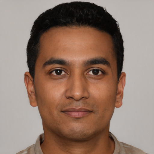 Neutral latino young-adult male with short  black hair and brown eyes