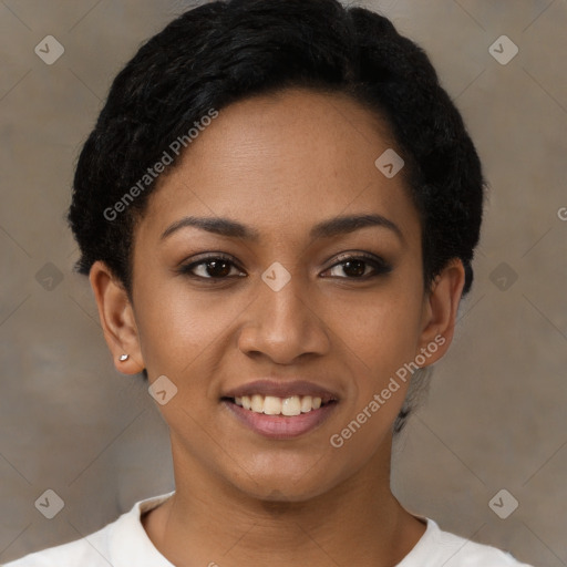 Joyful latino young-adult female with short  black hair and brown eyes