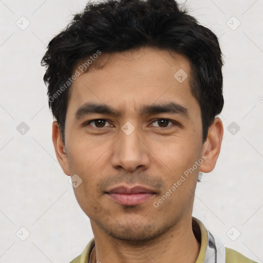 Neutral asian young-adult male with short  black hair and brown eyes