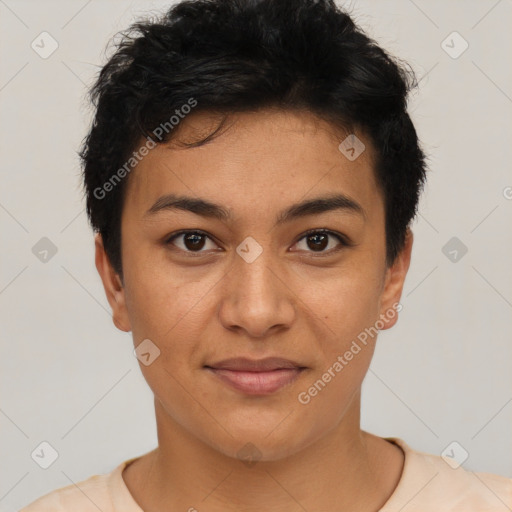 Joyful latino young-adult female with short  black hair and brown eyes