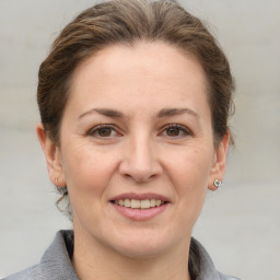 Joyful white adult female with short  brown hair and grey eyes