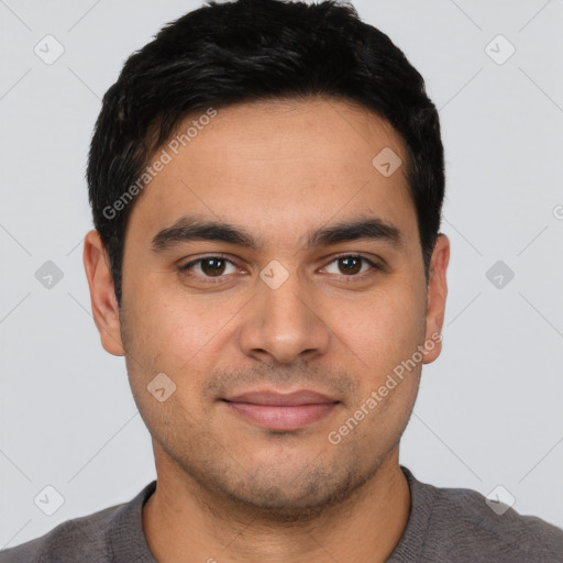 Joyful white young-adult male with short  black hair and brown eyes