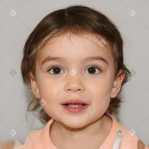 Joyful white child female with medium  brown hair and brown eyes