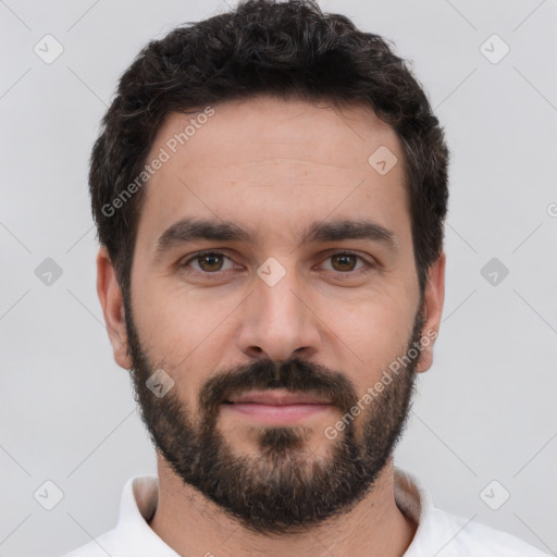 Neutral white young-adult male with short  black hair and brown eyes