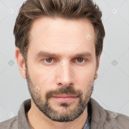 Neutral white young-adult male with short  brown hair and grey eyes