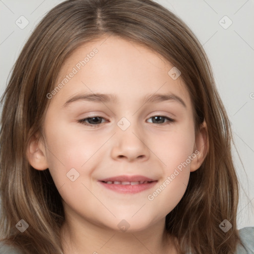 Joyful white child female with medium  brown hair and brown eyes