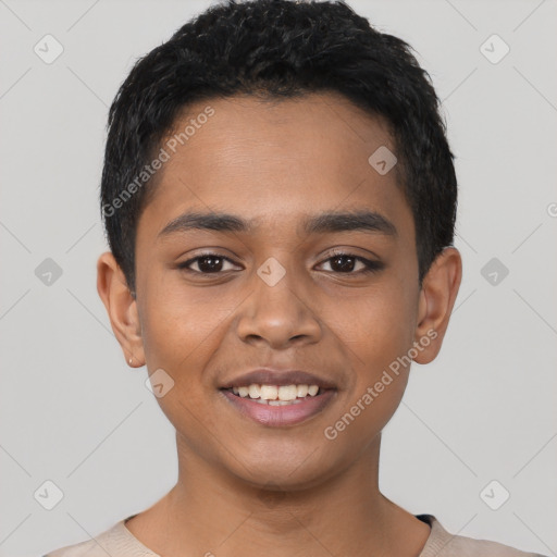 Joyful latino young-adult male with short  black hair and brown eyes