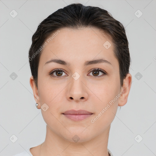 Neutral white young-adult female with short  brown hair and brown eyes