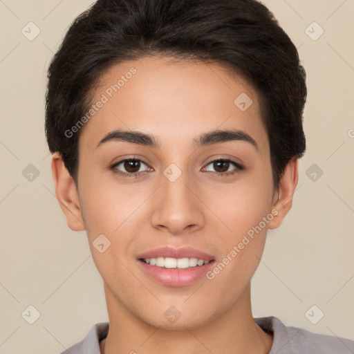 Joyful white young-adult female with short  brown hair and brown eyes