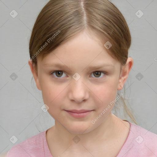 Joyful white child female with short  brown hair and brown eyes