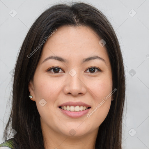 Joyful white young-adult female with long  brown hair and brown eyes