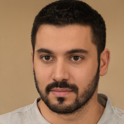 Neutral white young-adult male with short  black hair and brown eyes