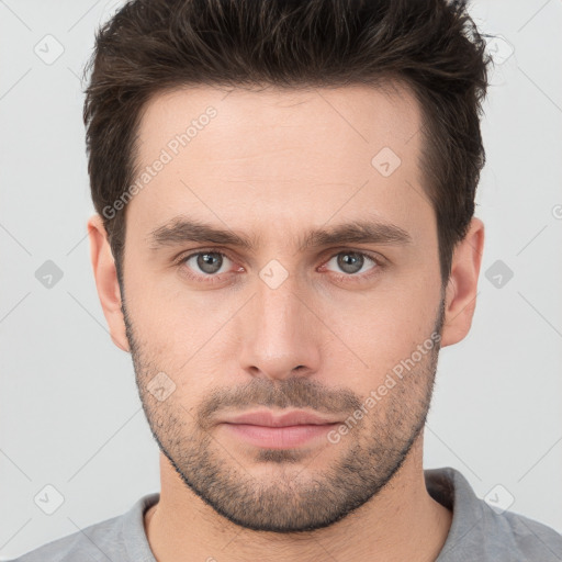 Neutral white young-adult male with short  brown hair and brown eyes