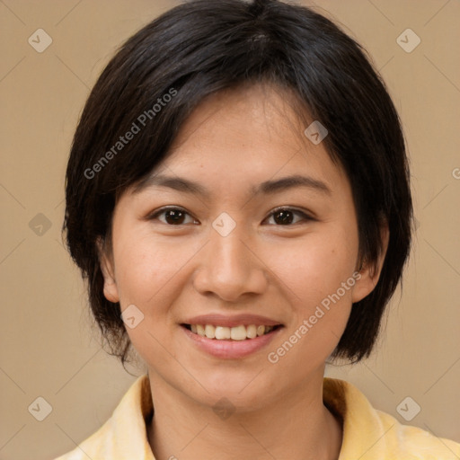 Joyful white young-adult female with medium  brown hair and brown eyes