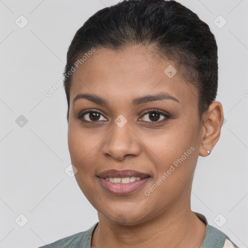 Joyful latino young-adult female with short  brown hair and brown eyes