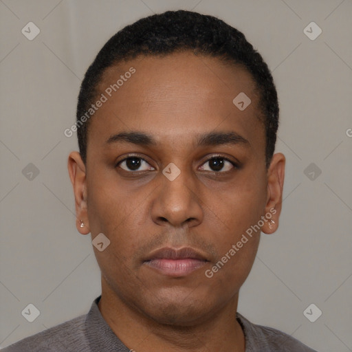 Neutral black young-adult male with short  black hair and brown eyes