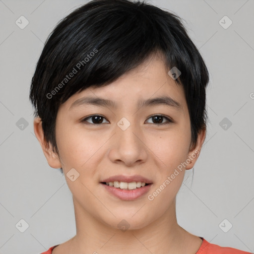 Joyful asian young-adult female with short  black hair and brown eyes