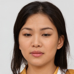 Neutral asian young-adult female with medium  brown hair and brown eyes