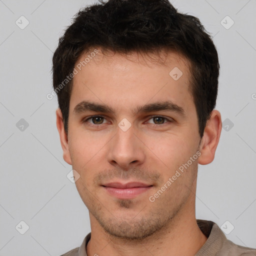 Neutral white young-adult male with short  brown hair and brown eyes