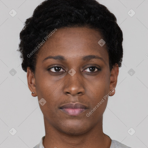 Neutral black young-adult female with short  black hair and brown eyes