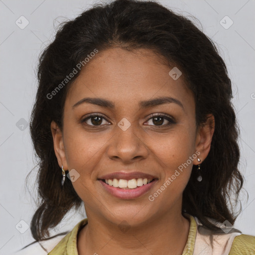 Joyful latino young-adult female with medium  brown hair and brown eyes