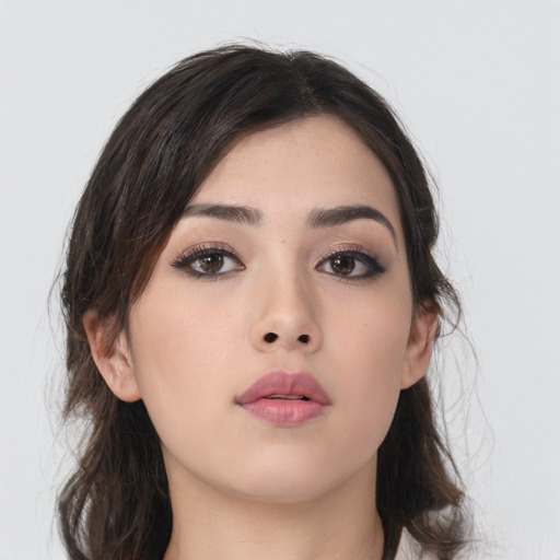 Neutral asian young-adult female with medium  brown hair and brown eyes