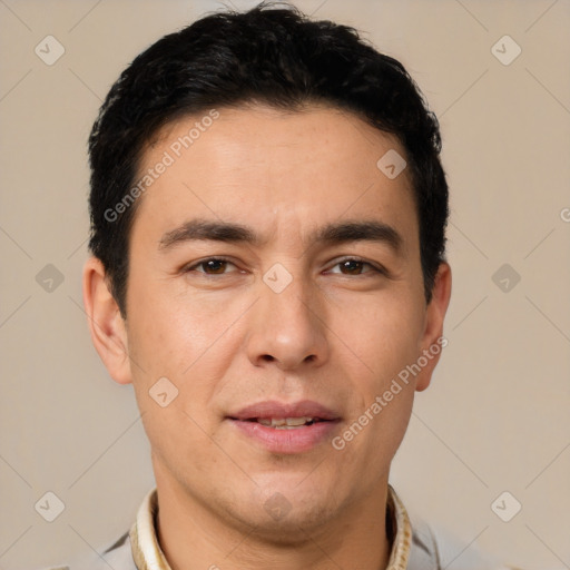 Joyful white adult male with short  black hair and brown eyes