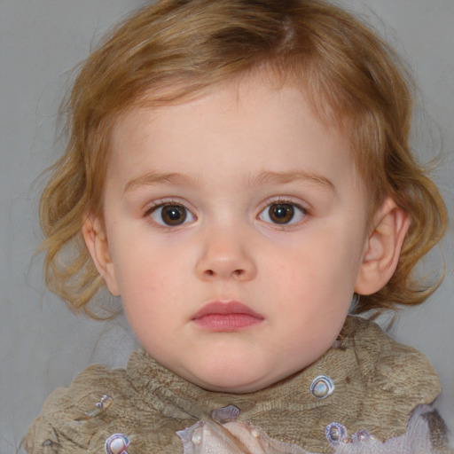 Neutral white child female with medium  brown hair and blue eyes