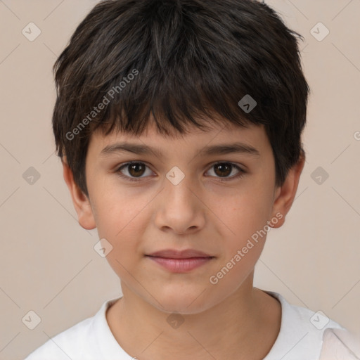 Joyful white child male with short  brown hair and brown eyes