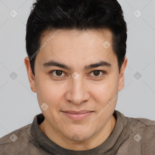 Joyful latino young-adult male with short  brown hair and brown eyes