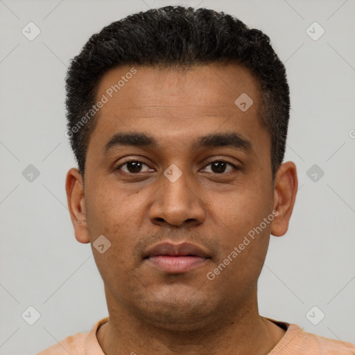 Neutral latino young-adult male with short  black hair and brown eyes