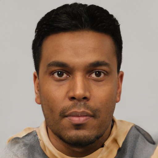 Neutral latino young-adult male with short  black hair and brown eyes