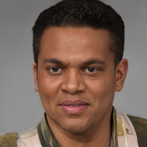 Joyful latino adult male with short  black hair and brown eyes