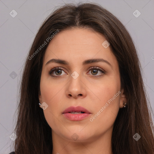 Neutral white young-adult female with long  brown hair and brown eyes